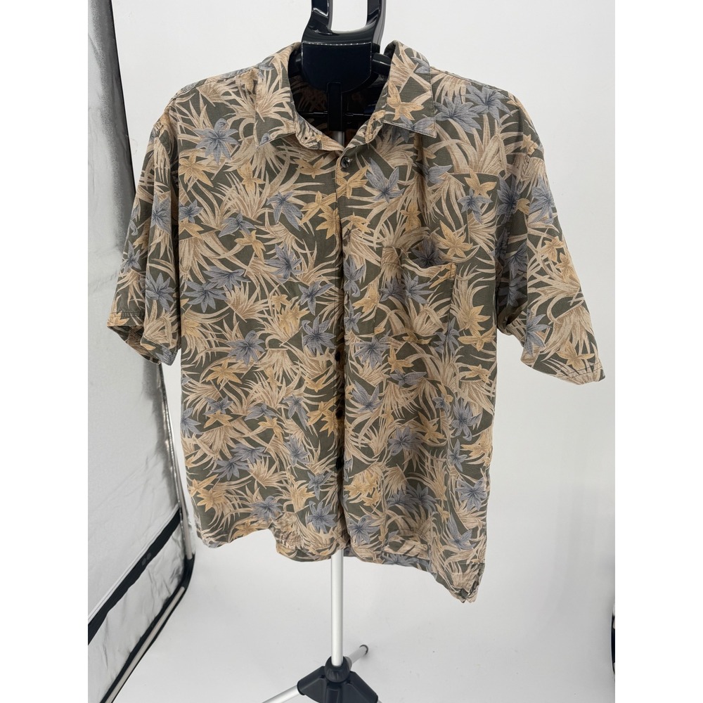 IZOD Button Up Shirt Mens XXL Green Silk Cotton Tropical Palm Leaf Good